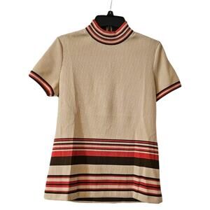 Vintage Bay Harbour Womens Tunic Top Tan Stripes Mock Neck Back Zip NO SIZE TAG